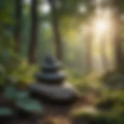 Tranquil nature scene with soft sunlight filtering through leaves