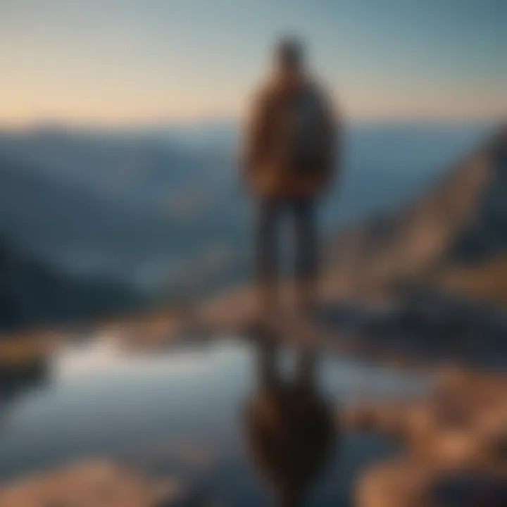 A person standing on a mountain peak, reflecting on life.