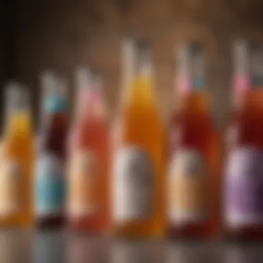 A vibrant assortment of kombucha bottles showcasing various flavors and colors