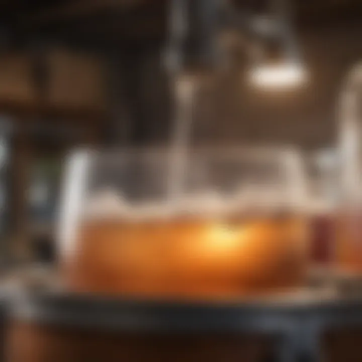 Close-up of a fermentation vessel filled with a bubbling kombucha brew, highlighting the fermentation process