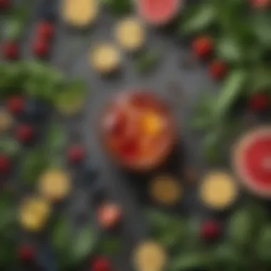 A selection of natural ingredients used in kombucha, such as ginger, berries, and herbs, arranged artistically