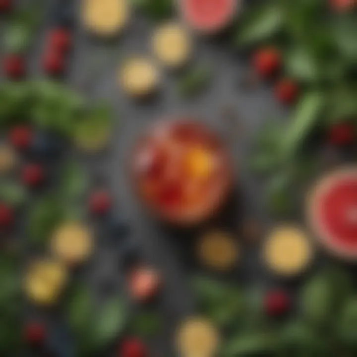 A selection of natural ingredients used in kombucha, such as ginger, berries, and herbs, arranged artistically