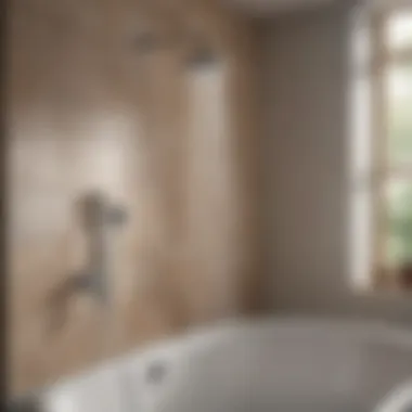 A serene bathroom setting with a shower head emitting cold water surrounded by natural elements