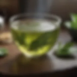 A vibrant cup of green tea with fresh leaves