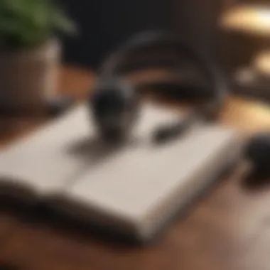 An open notebook and headphones representing productive listening