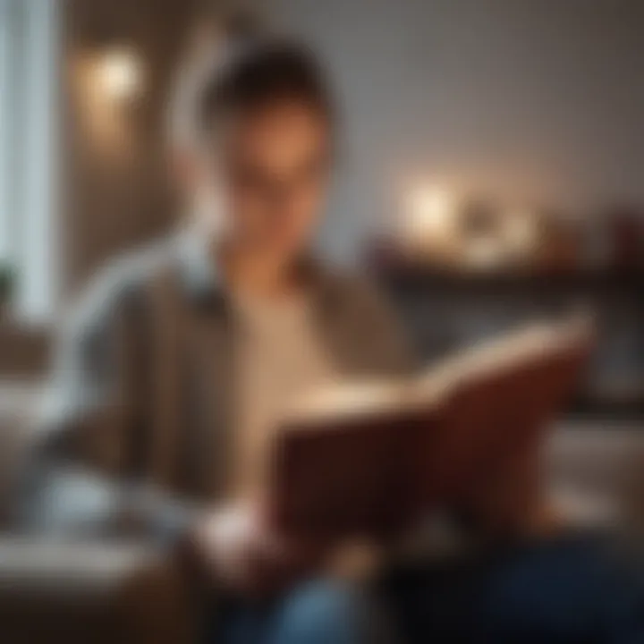 Person immersed in reading with glowing book