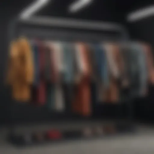 A variety of fashionable outfits displayed on a rack, showcasing diverse styles and colors.