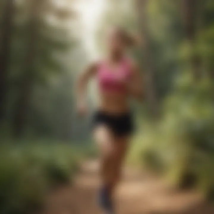 Dynamic female runner sprinting along a scenic trail with determination