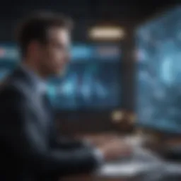 Focused businessman analyzing data on futuristic holographic screen