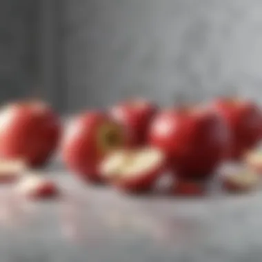 Red apple slices on a marble countertop