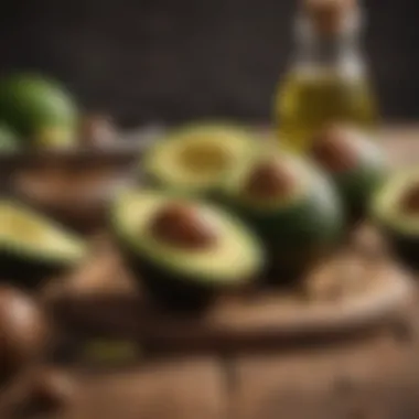 An array of healthy fats displayed with avocados and olive oil