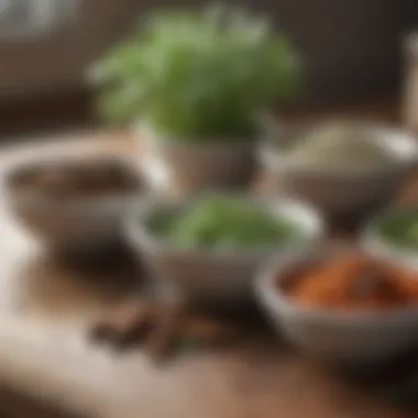 Fresh herbs and spices in small bowls on a kitchen counter