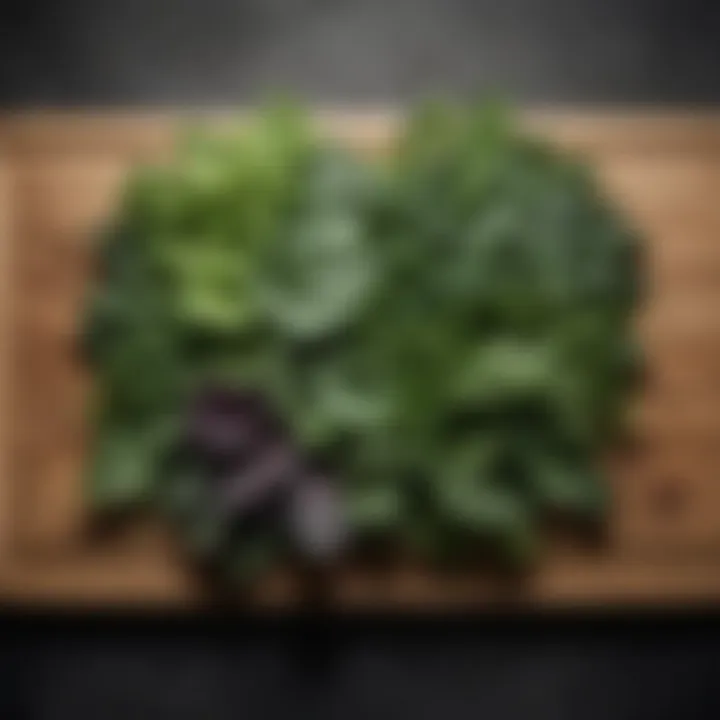 A variety of leafy greens on a wooden cutting board