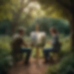 Couple painting together in a serene garden setting