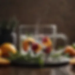 A steaming cup of hot water surrounded by herbs and fresh fruits.