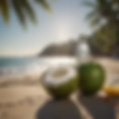 Coconut Water on the Beach A serene beach scene with coconut water and fruits on a table