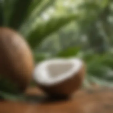 Coconut Water Close-Up A close-up of coconut water with tropical leaves in the background