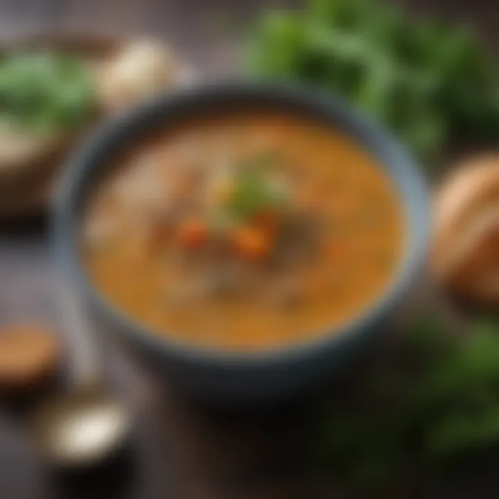 A wholesome bowl of lentil soup garnished with herbs