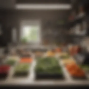 An organized kitchen workspace with labeled containers and fresh ingredients