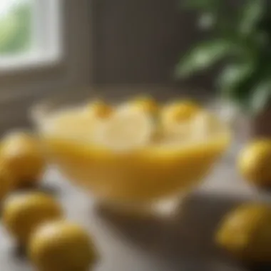 Bowl of Fresh Lemon Juice Lemon juice in a clear bowl surrounded by fresh lemons