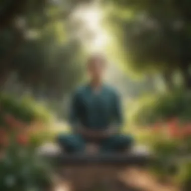 A person peacefully meditating in a lush green garden surrounded by blooming flowers