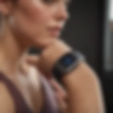 A close-up of a fitness tracker displaying heart rate and activity levels