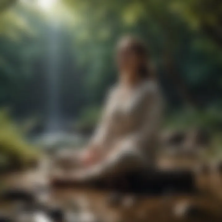 A person meditating in a peaceful setting representing personal growth