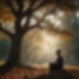 Silhouette of a person meditating under a tree in a serene setting