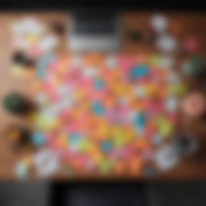An overhead view of a study desk with colorful sticky notes and highlighters.