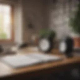 A serene workspace with an organized planner and a digital clock.
