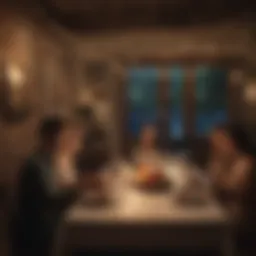 A picturesque table set for an intimate anniversary dinner under twinkling lights.