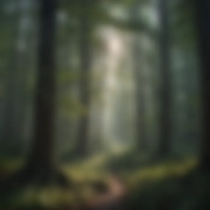 Misty forest with sunlight filtering through dense foliage, evoking a sense of mystery