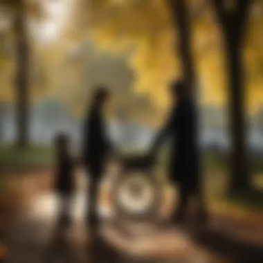 Silhouette of a nanny with child in a park