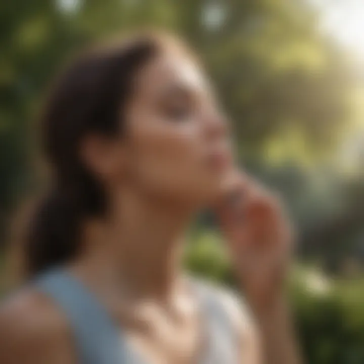 Woman practicing deep breathing exercises in a serene setting