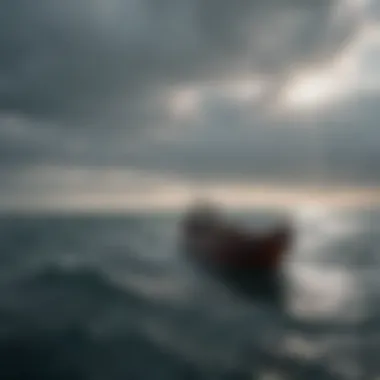 Lonely boat adrift in the vast expanse of the ocean