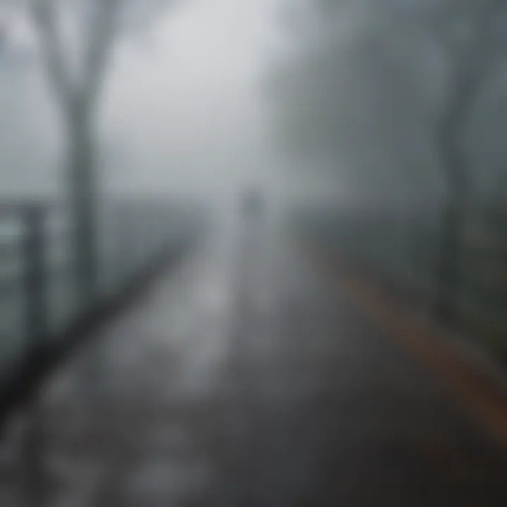 Shadow of a person walking alone on a foggy bridge