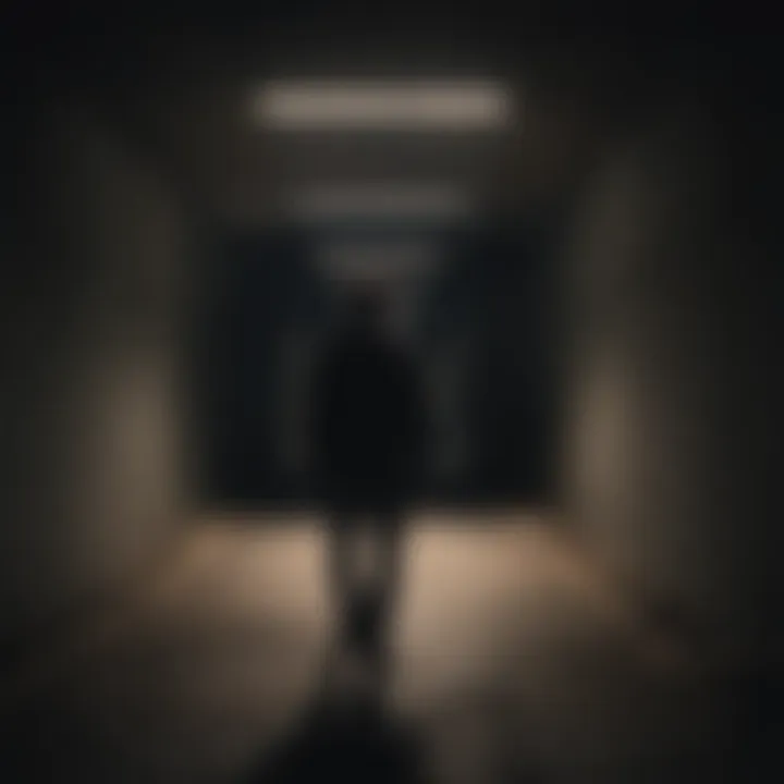 Person walking through a dark tunnel with a faint light at the end