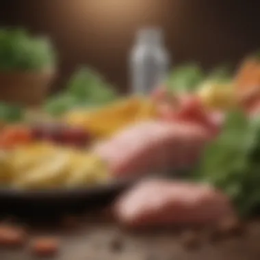 A close-up of high-quality protein sources with a backdrop of fresh produce.