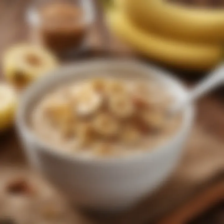 A close-up of a spoonful of oatmeal with cinnamon and sliced bananas