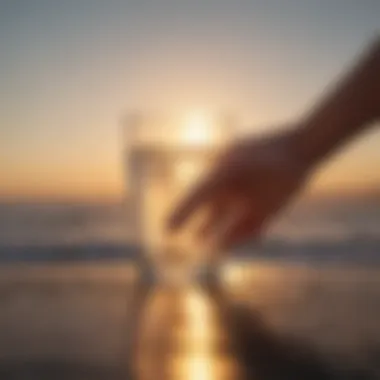 Person reaching for a glass of water with a sunrise in the background