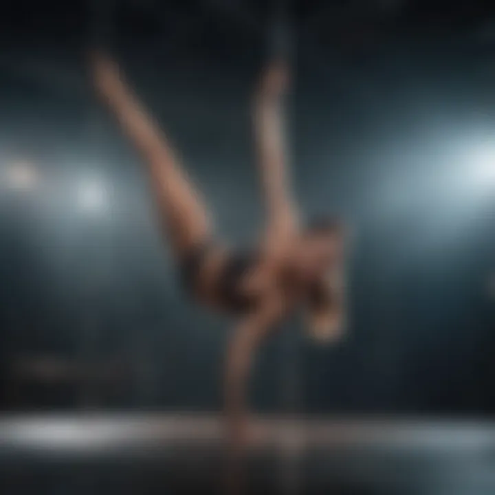 A graceful performer showcasing an elegant pole dance move, highlighting strength and flexibility.