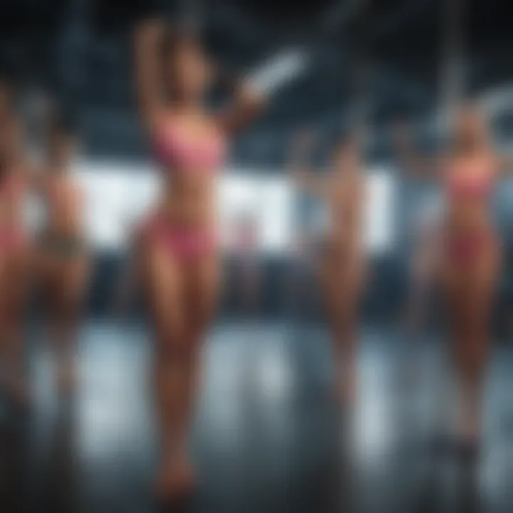 A vibrant group class where participants are engaged in a pole dancing workout, fostering community and encouragement.