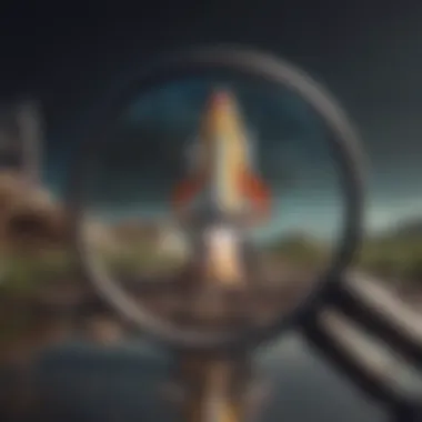 Visual metaphor of focus and productivity with a magnifying glass and rocket