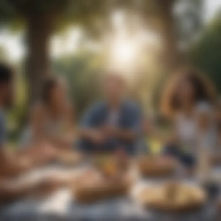 Laughing group of friends enjoying outdoor picnic