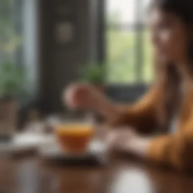 A person journaling with a cup of tea