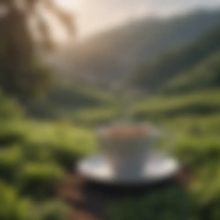 A tranquil landscape with tea plants in the foreground