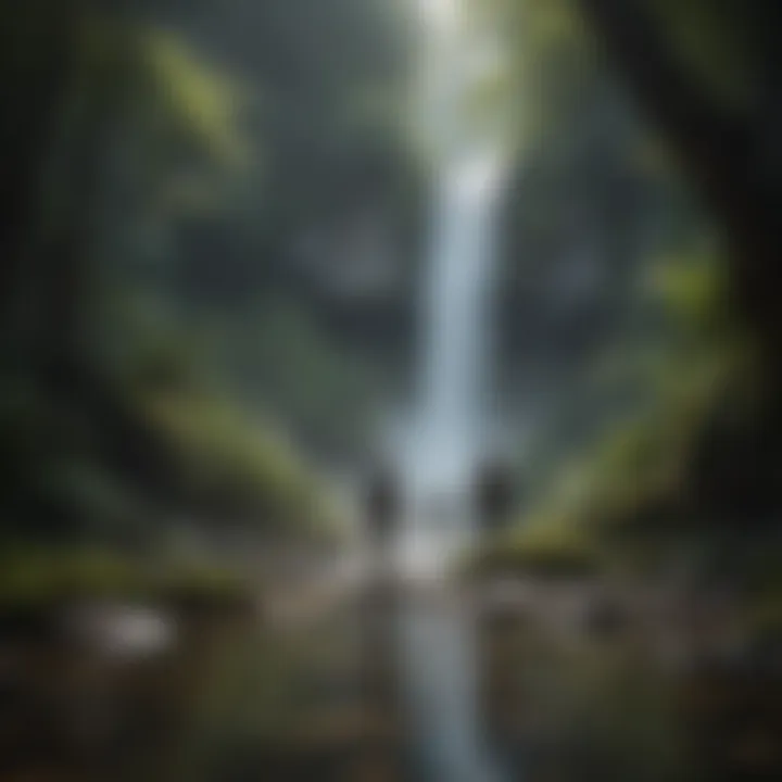 Couple hiking to a scenic waterfall in a lush forest