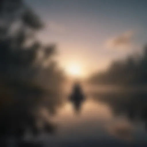 Silhouette of person meditating by a tranquil lake