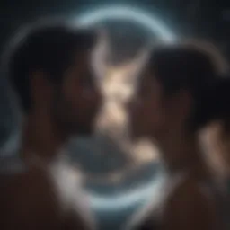 Silhouette of two souls intertwined in cosmic love