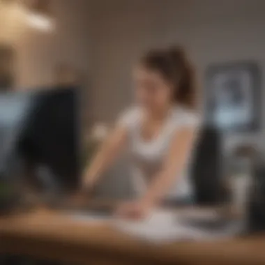 A person stretching at their desk during a break